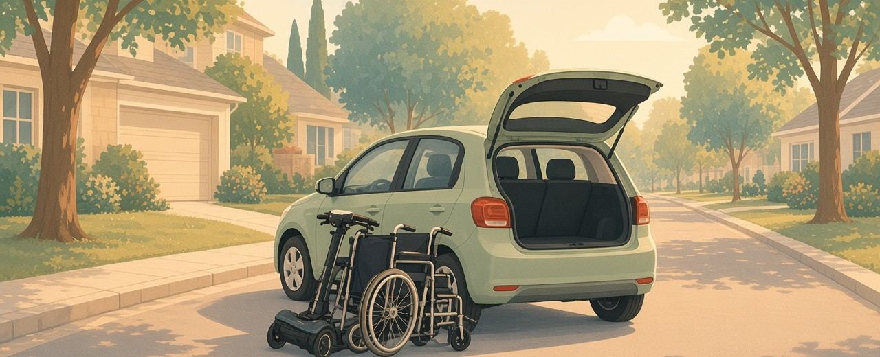 A friendly drawing of a small car, a mobility scooter and a powered wheelchair.