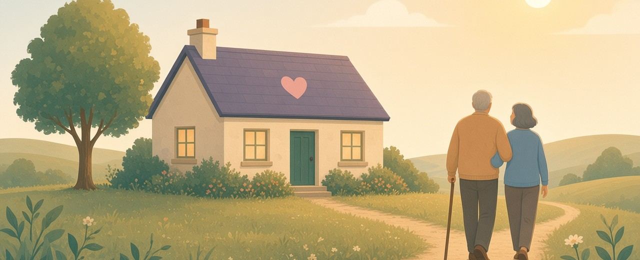 A friendly drawing of a care home with two people outside.