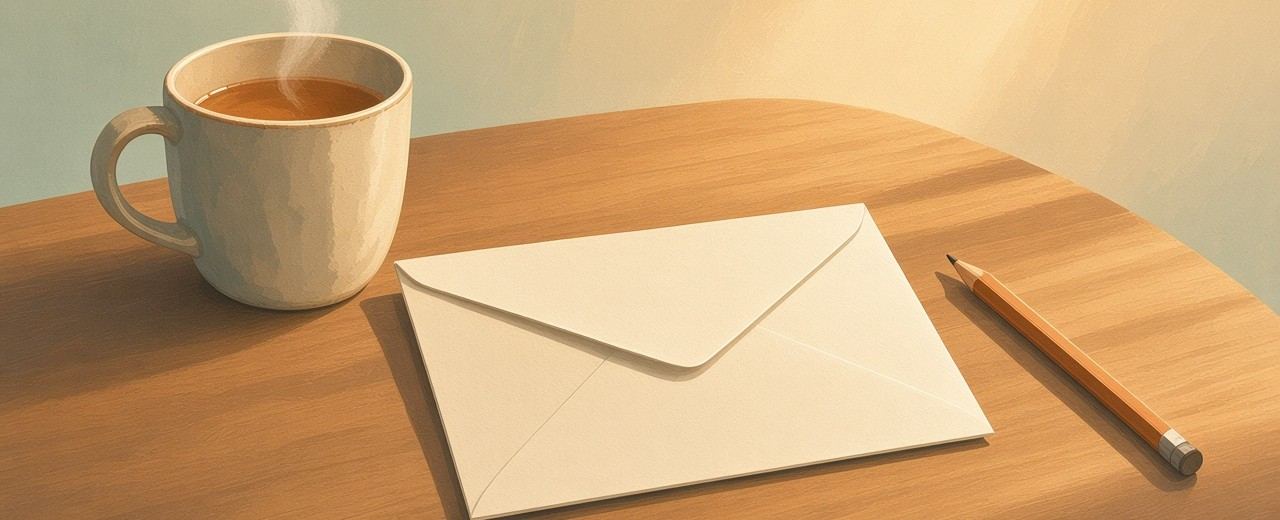 A friendly drawing of a letter and a pen.