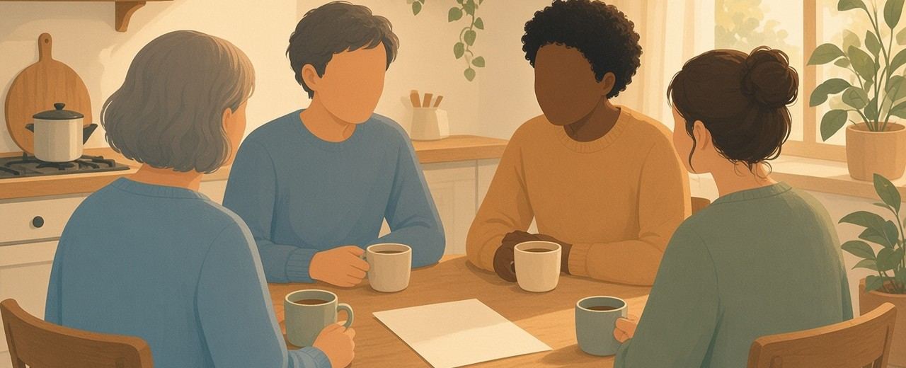 A friendly drawing of people talking at a table.